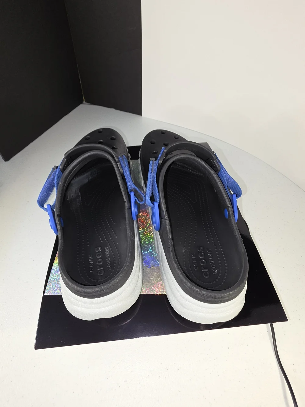 CROCS Duet Max II Black Clogs with Blue Heel Straps and White Sole